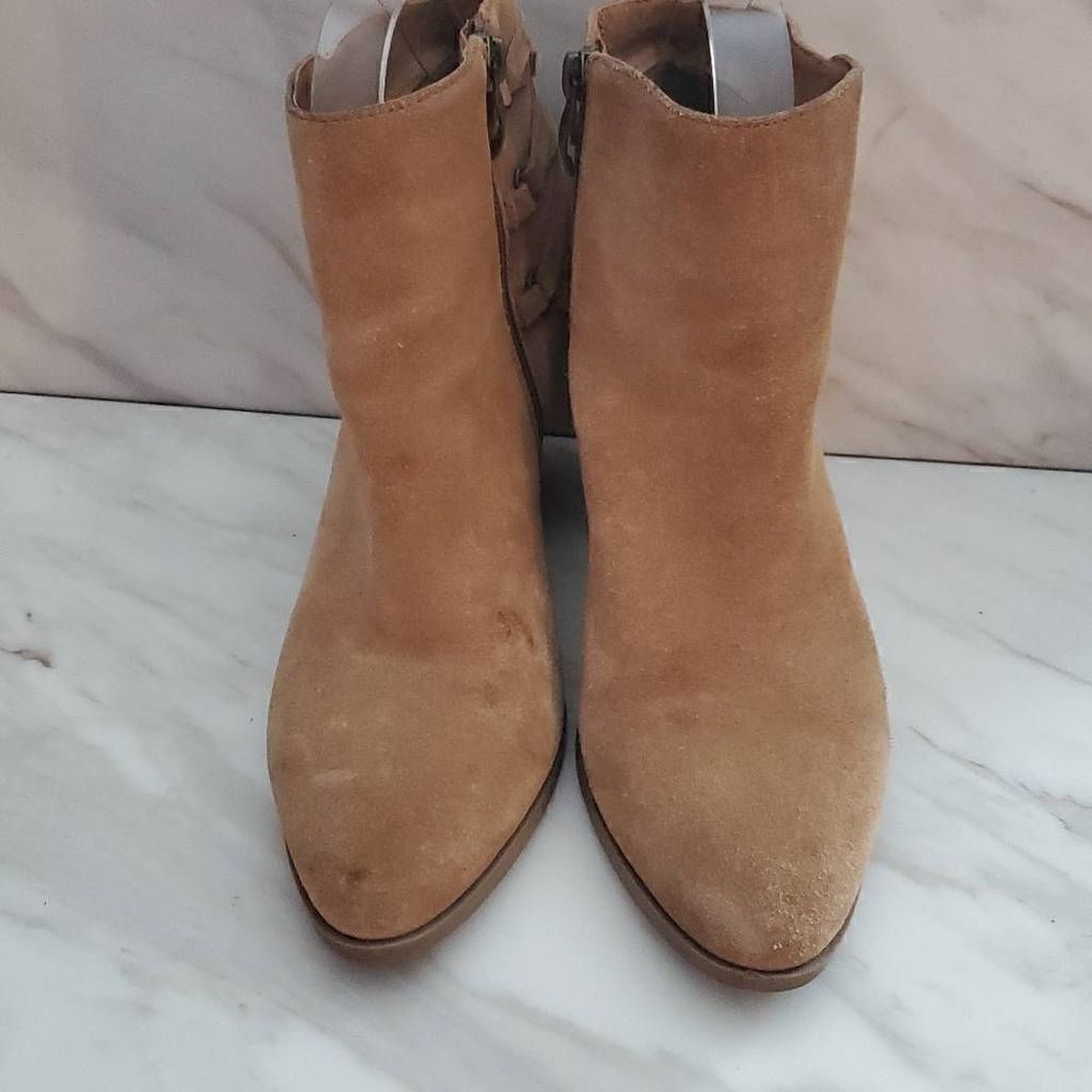 Franco Fortini Carly Tan Suede Braid Lace Back Wooden Block Heel Ankle Booties S - Picture 2 of 8